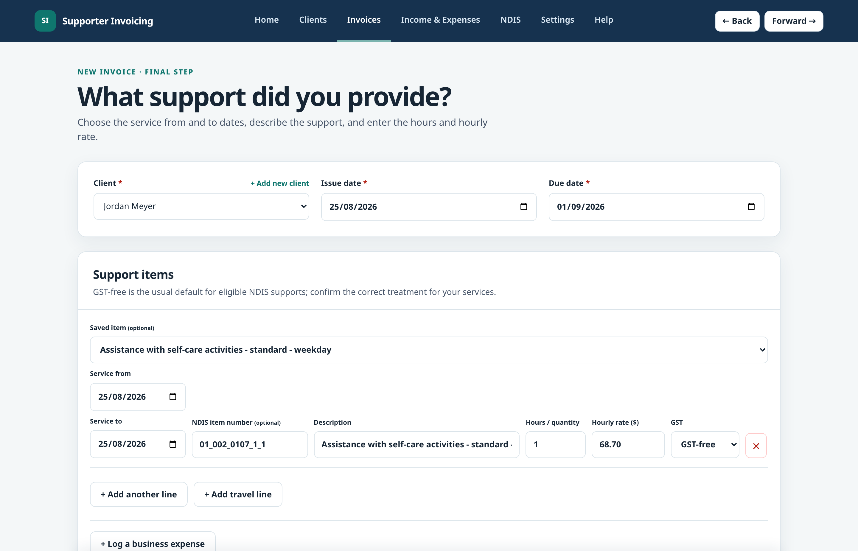 New invoice screen with client, dates and support item lines